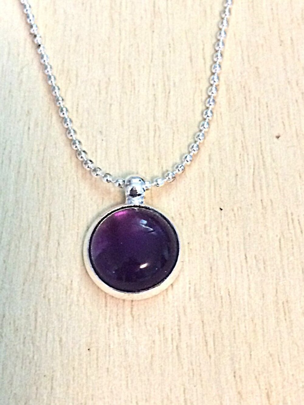 Vintage LBVYR Silver Tone Amethyst Cabochon Pendant Ball Chain Necklace Stamped